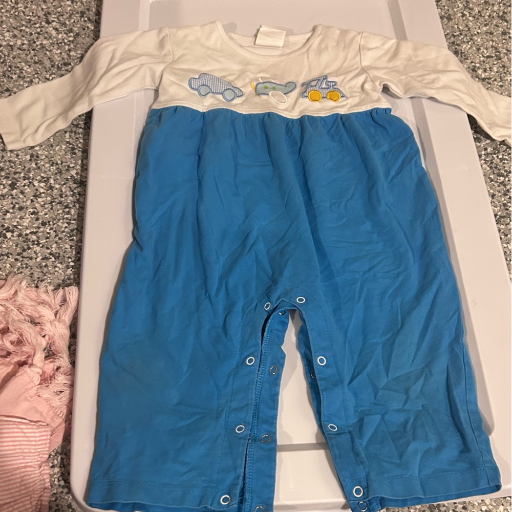 Stitchy Fish White & Blue Boys One-Piece with Embroidered Tractor